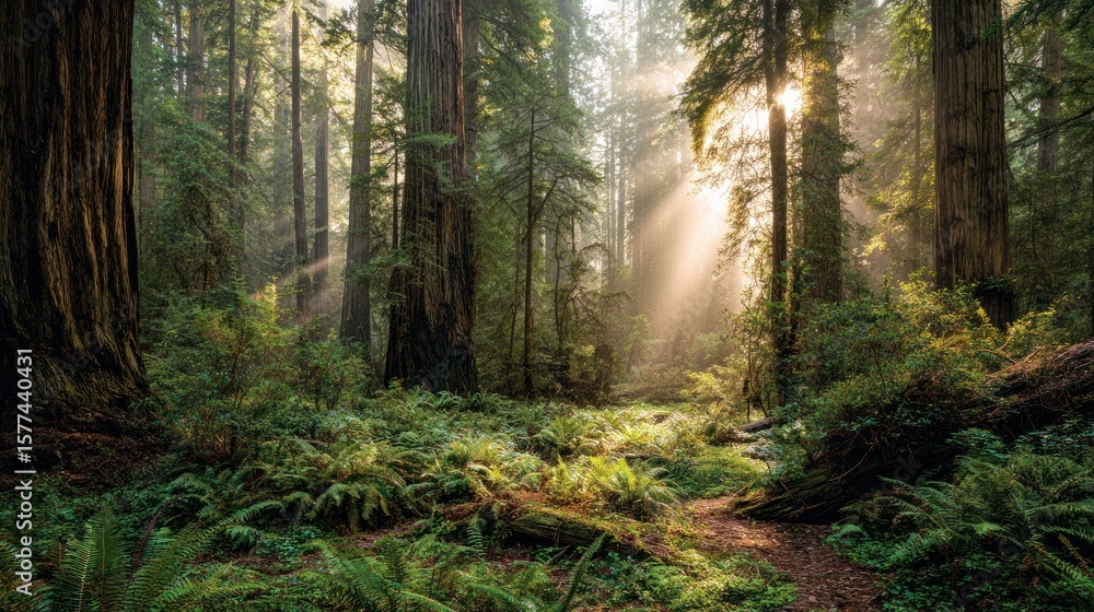 Obraz premium Sunlight streams through redwood forest