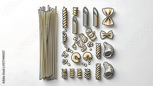 Assortment of Dried Pasta Shapes and Spaghetti on White Background Flatlay Illustration