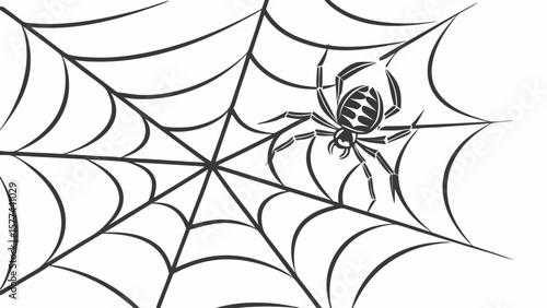 A spider with a patterned abdomen is perched on a complex web of interconnected strands in monochrome style
