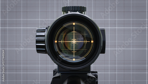 Closeup View of Black Rifle Scope with Illuminated Reticle Grid Pattern on Gray Grid Background