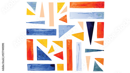 Watercolor geometric composition featuring triangles and rectangles in various colors and orientations