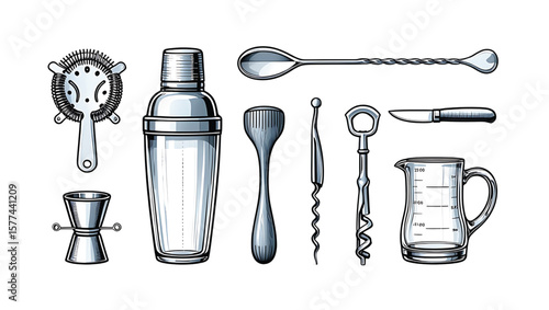 Cocktail Shaker Set Illustration Silver Metal Tools Jigger Muddler Bar Spoon Hawthorne Strainer