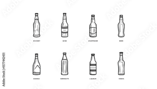 Eight Black and White Hand Drawn Alcohol Bottle Illustrations Whiskey Wine Champagne Beer