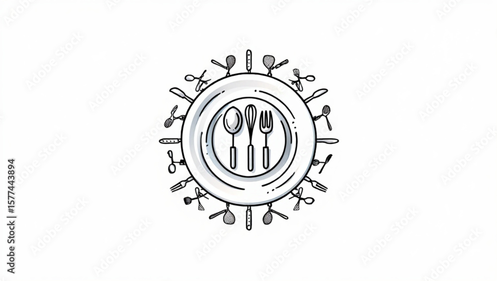 Naklejka premium Simple line drawing of a plate with fork and spoon for dining and food concepts