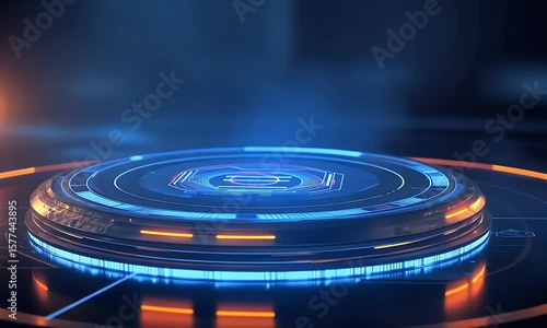 
Abstract futuristic blue technology background with glowing circular podium and hologram elements for product presentation in a virtual space, 