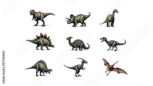 Nine Detailed Dinosaur Illustrations Grey Green Tones Prehistoric Creatures Stegosaurus