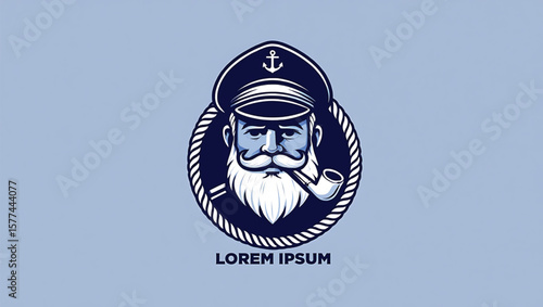 Nautical Captain Portrait Blue White Rope Frame Smoking Pipe Aged Sailor Vector Illustration