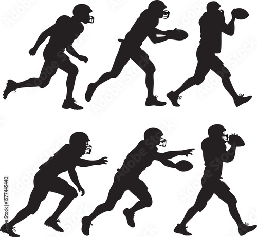 Black vector silhouettes of men playing football, captured in dynamic action as they run, kick the ball, and compete for a goal