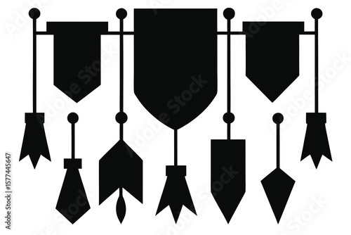 A vector illustration set of black and white knives hangs from a clothesline with blank heart notes and clip designs