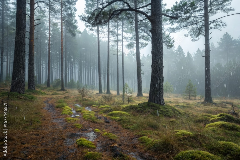 Obraz premium Misty pine forest during a rainstorm with a path through the trees green moss and brown forest floor nature landscape