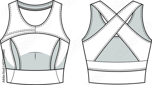 Activewear sports bra flat sketch with cross back straps, racer front, contour paneling, technical fashion drawing, vector CAD illustration