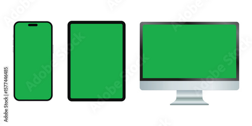 Green Screen Devices Mockup: Smartphone, tablet and desktop computer with green screen for easy chroma key. Perfect for app presentation or website design. 