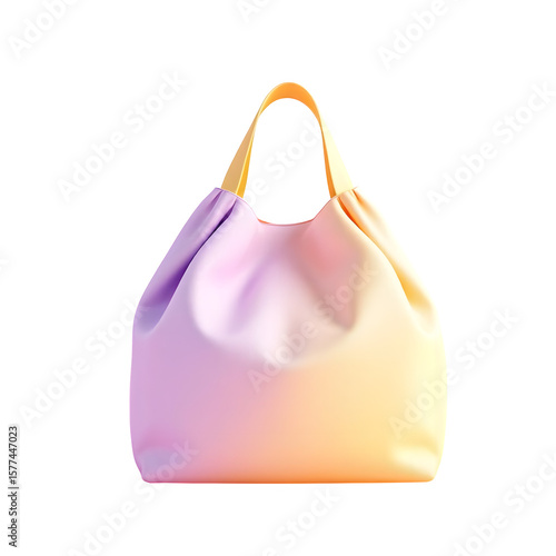 A stylish gradient handbag in soft pastel shades of purple, pink, and yellow, with a contrasting yellow handle isolated on transparent background