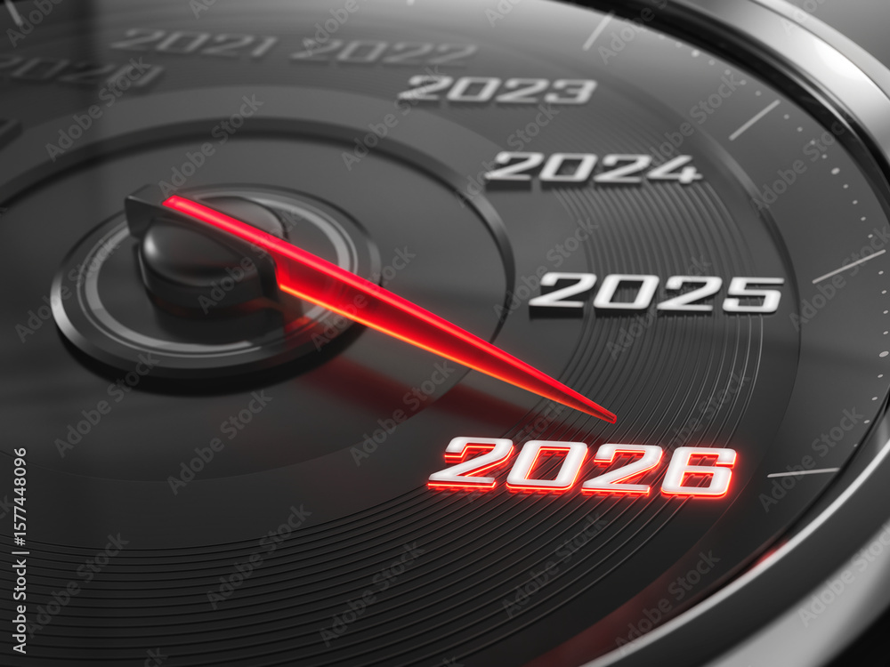 Naklejka premium Black speedometer with needle moving to the year 2026 - 3d illustration