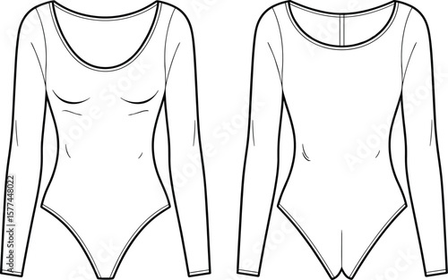 Technical fashion flat sketch of women’s long sleeve bodysuit design, front and back view, for clothing, apparel, vector illustration