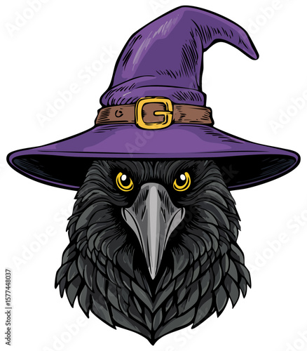 Portrait of a crow or raven wearing a purple witch hat, isolated 