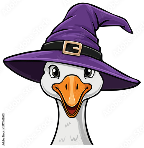 Cartoon goose wearing a purple witch hat clipart illustration, isolated 