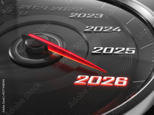 Black speedometer with needle moving to the year 2026 - 3d illustration