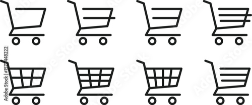 Set of shopping cart icons in multiple styles for ecommerce interface, supermarket, and commercial use