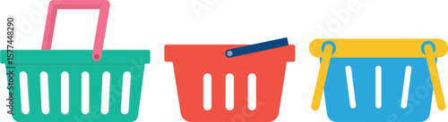Minimal vector illustration of three shopping baskets in flat style for retail and ecommerce design