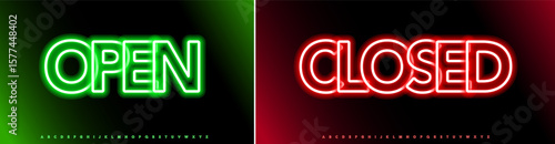 OPEN CLOSED shop signs, electric neon logo font typeface with glowing contours and vibrant tech style for nightlife bar headline, club windows, urban business fronts after dark. Vector illustration