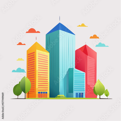 modern buildings in simple and clean geometric forms and vibrant colors