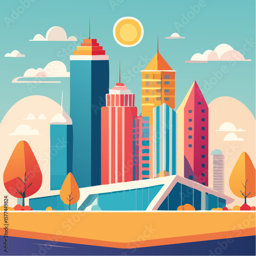 modern buildings in simple and clean geometric forms and vibrant colors