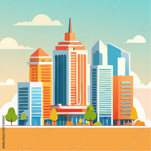 modern buildings in simple and clean geometric forms and vibrant colors