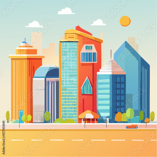 modern buildings in simple and clean geometric forms and vibrant colors