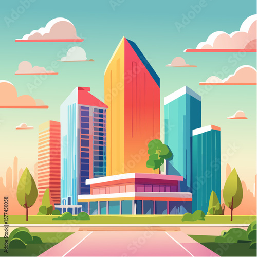 modern buildings in simple and clean geometric forms and vibrant colors