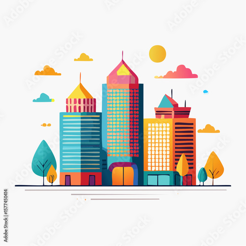 modern buildings in simple and clean geometric forms and vibrant colors