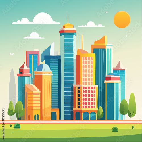 modern buildings in simple and clean geometric forms and vibrant colors