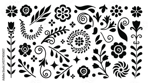 Collection of stylized black floral elements including flowers leaves and swirls in a vector graphic
