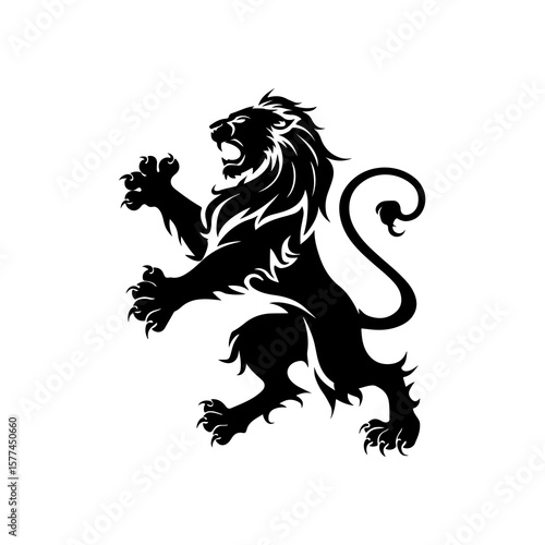 Royal heraldic lions. Black silhouette of rampant lion and griffins for logo or coat of arms. Premium wild animal crest symbols