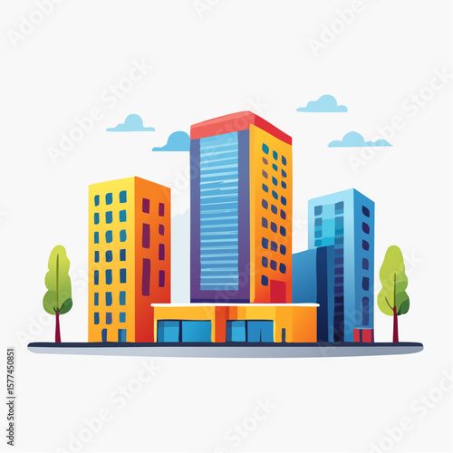 modern buildings in simple and clean geometric forms and vibrant colors