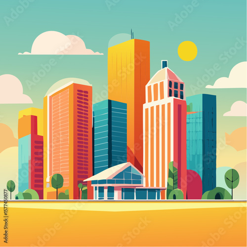 modern buildings in simple and clean geometric forms and vibrant colors