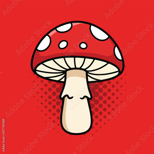 mushroom pop art icon with red halftone background