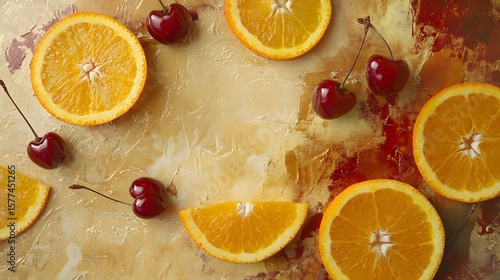 Fresh Orange Slices and Cherries on Artistic Background – Colorful Fruit Flat Lay, Healthy Food, Vibrant Summer Citrus Still Life