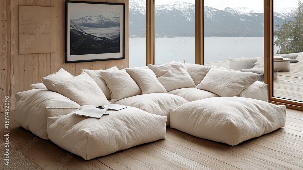 Fototapeta premium Cream sectional sofa with ample, layered cushions, set in a modern, light-filled living room with mountain and lake views
