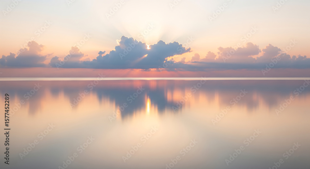 Fototapeta premium Sun rays burst through clouds over a calm ocean at sunrise or sunset