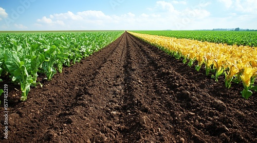 Cultivated field with rows of vibrant green and yellow plants.  Dark brown soil furrows divide the crops