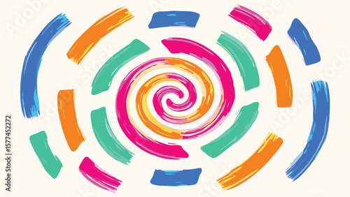 Colorful spiral design with brush stroke effect and vibrant hues against a cream colored background