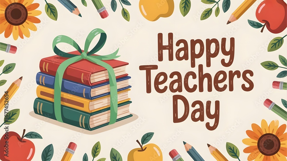 Fototapeta premium Happy Teacher's Day Greeting Card Image with Books and School Supplies