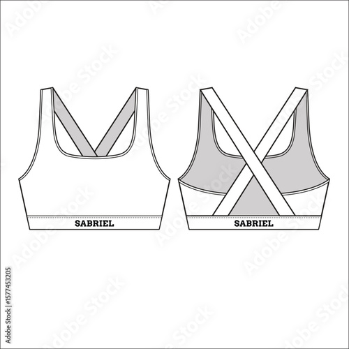 Activewear sports bra flat sketch with cross back straps, racer front, contour paneling, technical fashion drawing, vector CAD illustration