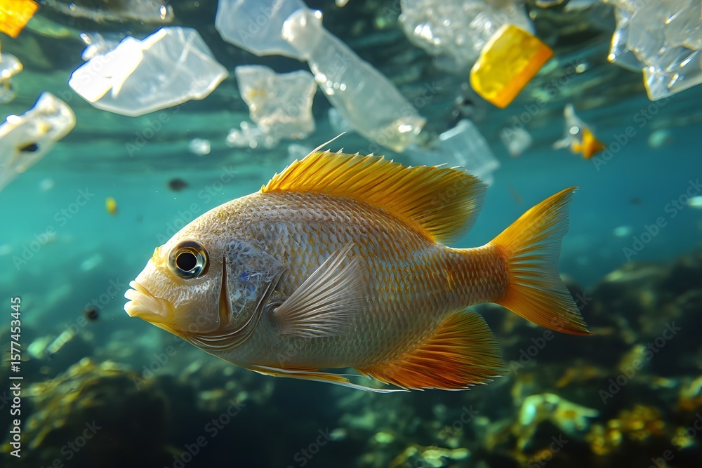 Fototapeta premium Goldfish swims amidst a sea of floating plastic debris, illustrating the pervasive pollution and its threat to aquatic life