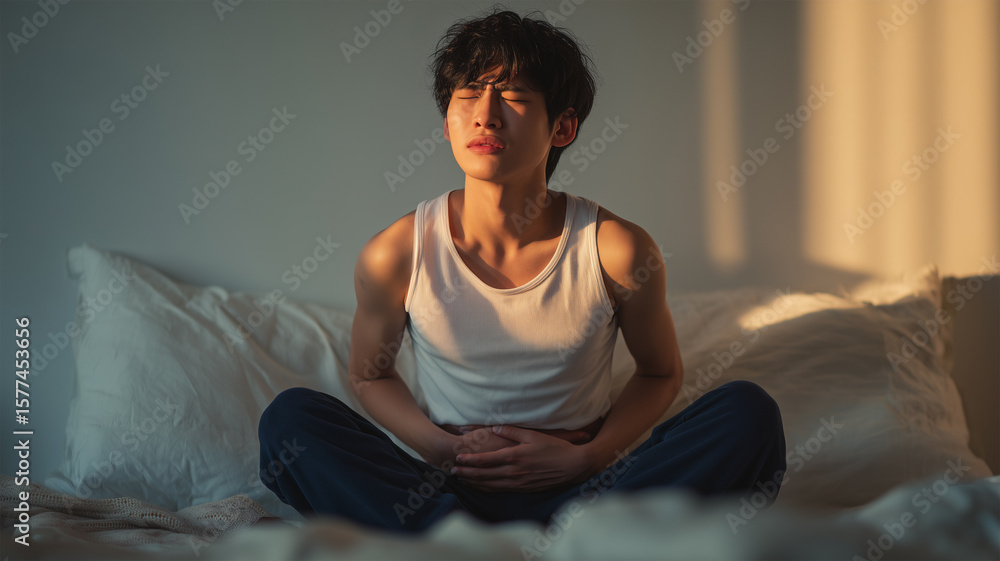 男性が朝ベッドで腹痛をこらえる思春期の瞬間 男性が朝ベッドで腹痛をこらえる思春期の瞬間