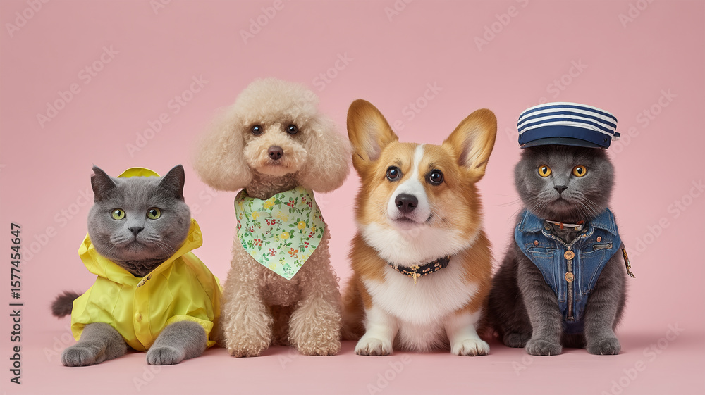 男性猫と犬がレインコートやベスト着る集合写真 男性猫と犬がレインコートやベスト着る集合写真