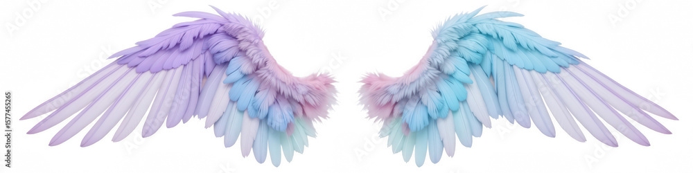 Fototapeta premium Soft, colorful wings with gradient of pastel hues, featuring delicate feathers and dreamy appearance, evoke sense of freedom and beauty
