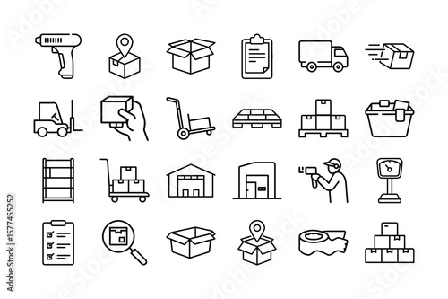 Warehouse Inventory and Logistics Icons Set. Featuring Packaging, Shipping, Storage, Barcode Scanning, and More. Editable Stroke. Vector Illustration