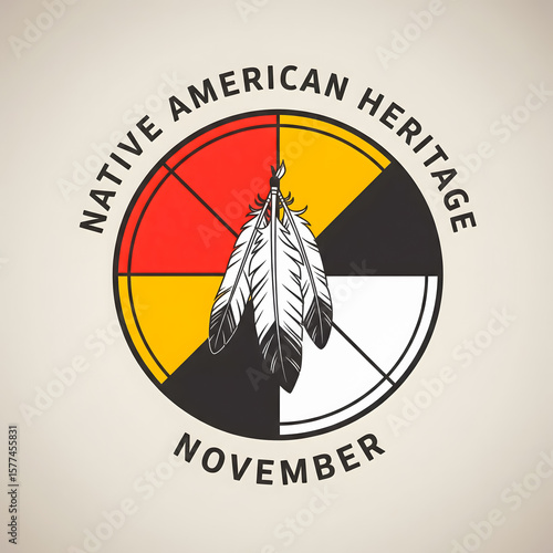 Native american heritage month with feathers and medicine wheel
